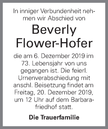 Traueranzeige von Beverly Flower-Hofer von OÖNachrichten