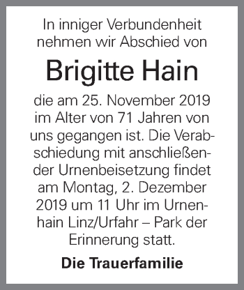 Traueranzeige von Brigitte Hain von OÖNachrichten