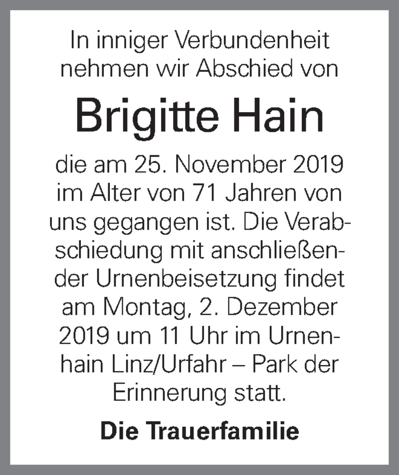  Traueranzeige für Brigitte Hain vom 28.11.2019 aus OÖNachrichten