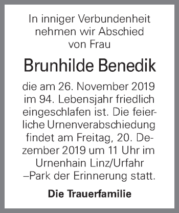 Traueranzeige von Brunhilde Benedik von OÖNachrichten