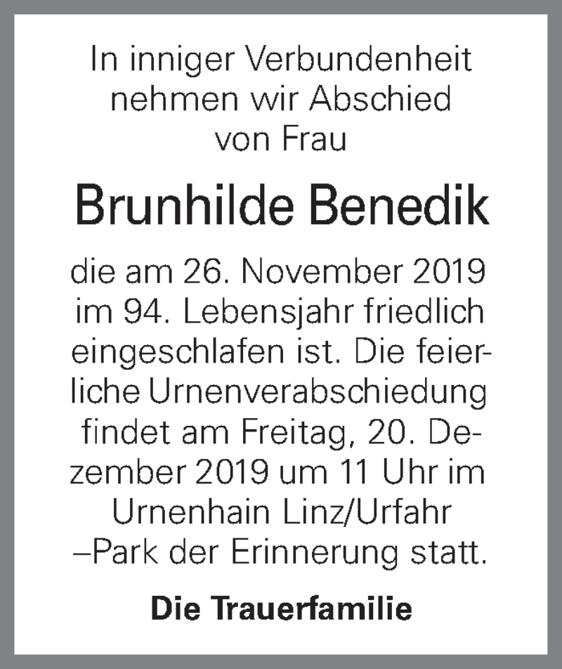  Traueranzeige für Brunhilde Benedik vom 11.12.2019 aus OÖNachrichten