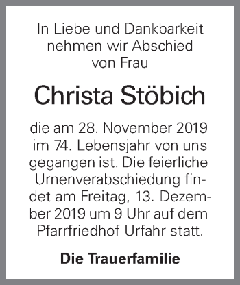 Traueranzeige von Christa Stöbich von OÖNachrichten