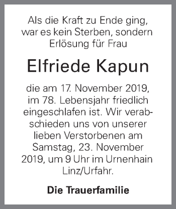 Traueranzeige von Elfriede Kapun von OÖNachrichten