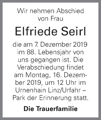 Traueranzeige von Elfriede Seirl von OÖNachrichten