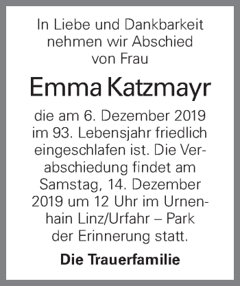 Traueranzeige von Emma Katzmayr von OÖNachrichten