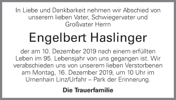 Traueranzeige von Engelbert Haslinger von OÖNachrichten