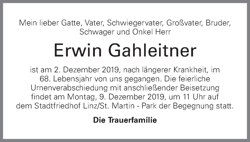 Traueranzeige für Erwin Gahleitner vom 05.12.2019 aus OÖNachrichten
