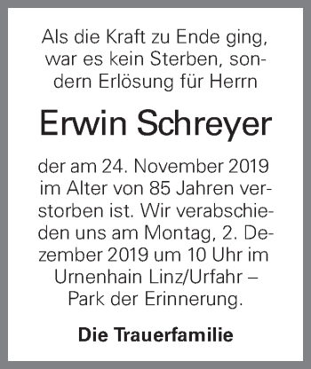 Traueranzeige von Erwin Schreyer von OÖNachrichten