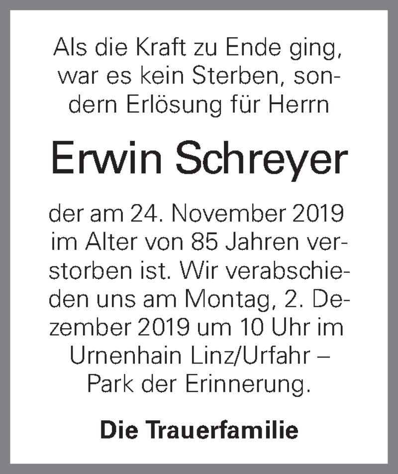  Traueranzeige für Erwin Schreyer vom 29.11.2019 aus OÖNachrichten