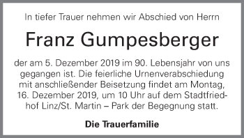 Traueranzeige von Franz Gumpesberger von OÖNachrichten