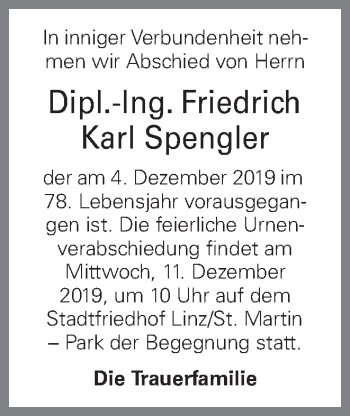 Traueranzeige von Friedrich Karl Spengler von OÖNachrichten