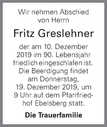 Traueranzeige von Fritz Greslehner von OÖNachrichten