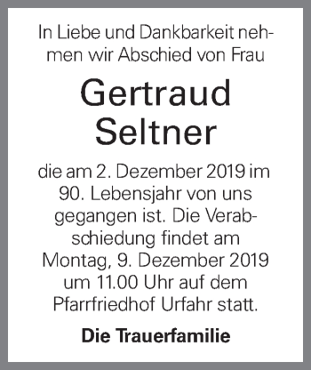 Traueranzeige von Gertraud Seltner von OÖNachrichten