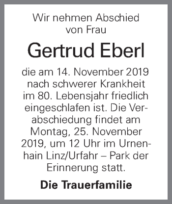 Traueranzeige von Gertrud Eberl von OÖNachrichten