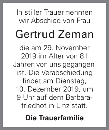 Traueranzeige von Gertrud Zeman von OÖNachrichten