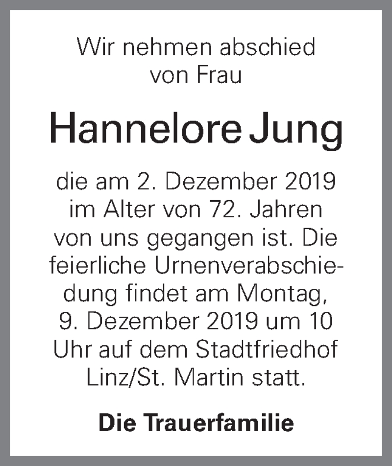  Traueranzeige für Hannelore Jung vom 04.12.2019 aus OÖNachrichten