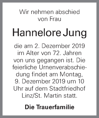 Traueranzeige von Hannelore Jung von OÖNachrichten