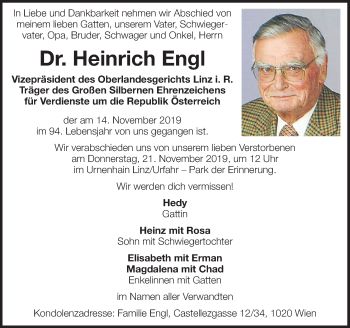 Traueranzeige von Heinrich Engl von OÖNachrichten