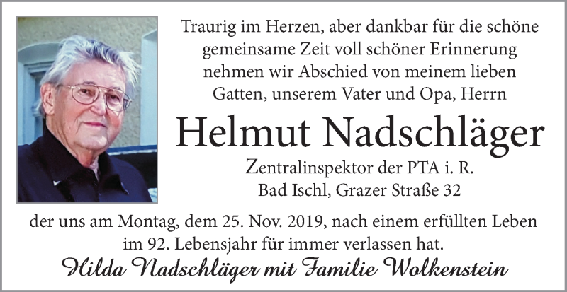 Traueranzeige für Helmut Nadschläger vom 07.12.2019 aus OÖNachrichten