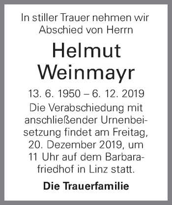 Traueranzeige von Helmut Weinmayr von OÖNachrichten