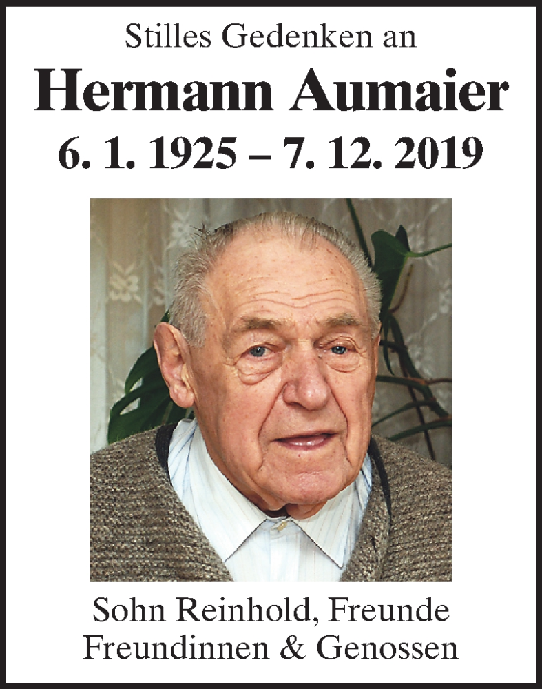  Traueranzeige für Hermann Aumaier vom 11.12.2019 aus OÖNachrichten