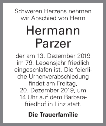 Traueranzeige von Hermann Parzer von OÖNachrichten