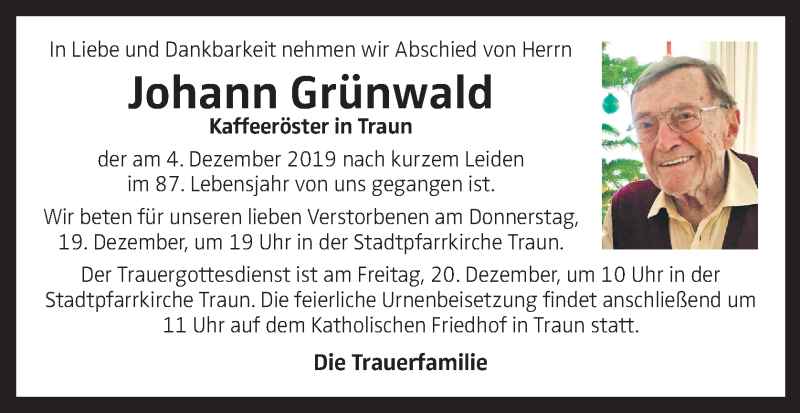  Traueranzeige für Johann Grünwald vom 14.12.2019 aus OÖNachrichten