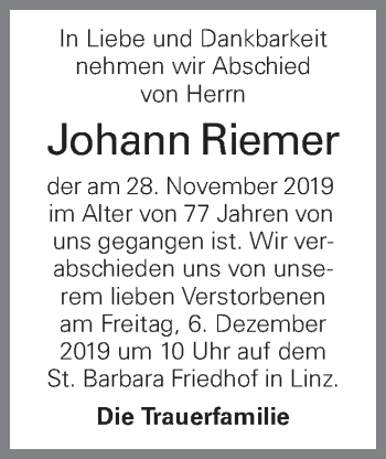 Traueranzeige von Johann Riemer von OÖNachrichten