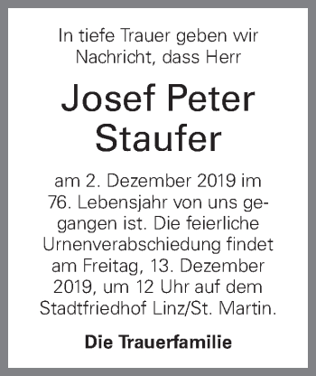 Traueranzeige von Josef Peter Staufer von OÖNachrichten