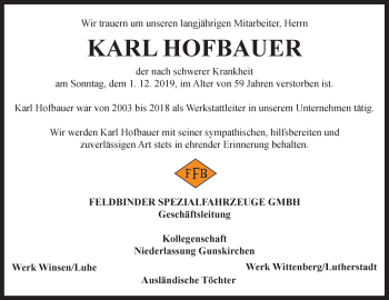Traueranzeige von Karl Hofbauer von OÖNachrichten