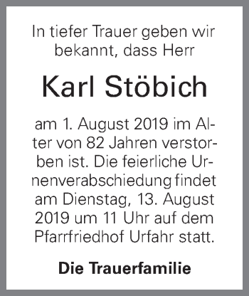 Traueranzeige von Karl Stöbich von OÖNachrichten