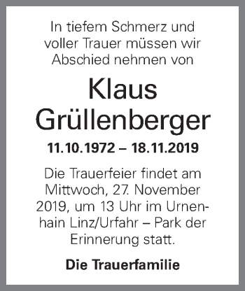 Traueranzeige von Klaus Grüllenberger von OÖNachrichten