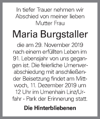Traueranzeige von Maria Burgstaller von OÖNachrichten