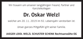 Traueranzeige von Oskar Welzl von OÖNachrichten