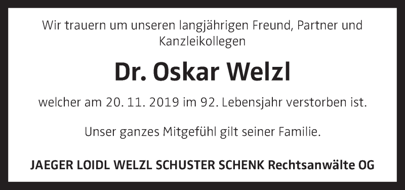  Traueranzeige für Oskar Welzl vom 07.12.2019 aus OÖNachrichten