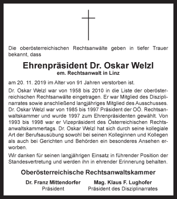 Traueranzeige von Oskar Welzl von OÖNachrichten