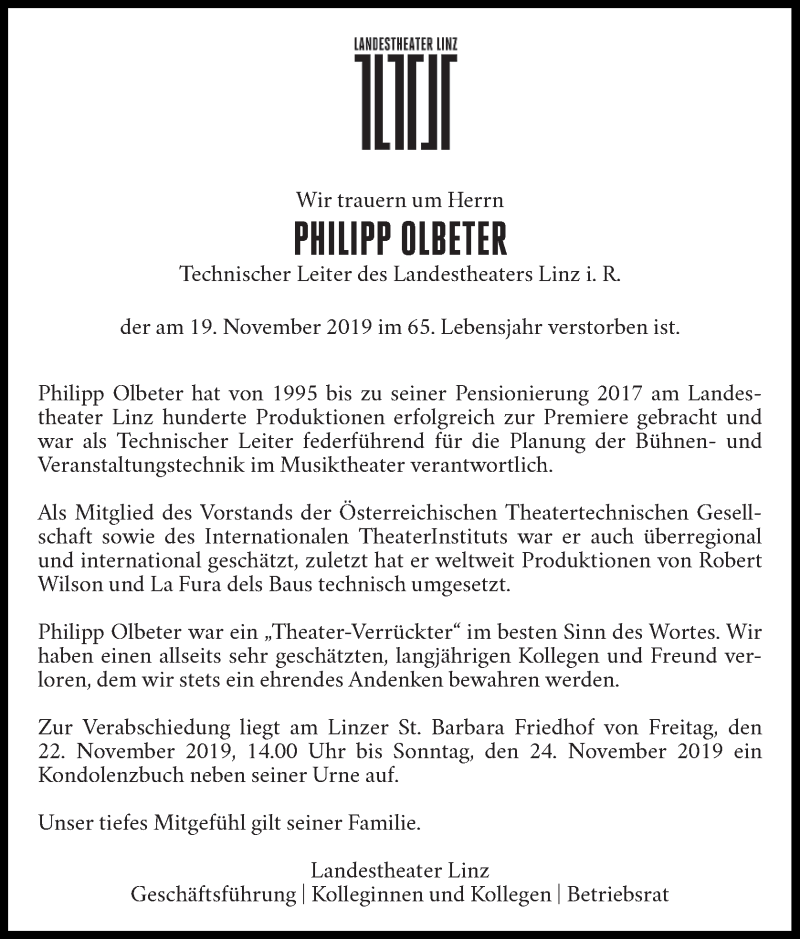  Traueranzeige für Philipp Olbeter vom 22.11.2019 aus OÖNachrichten
