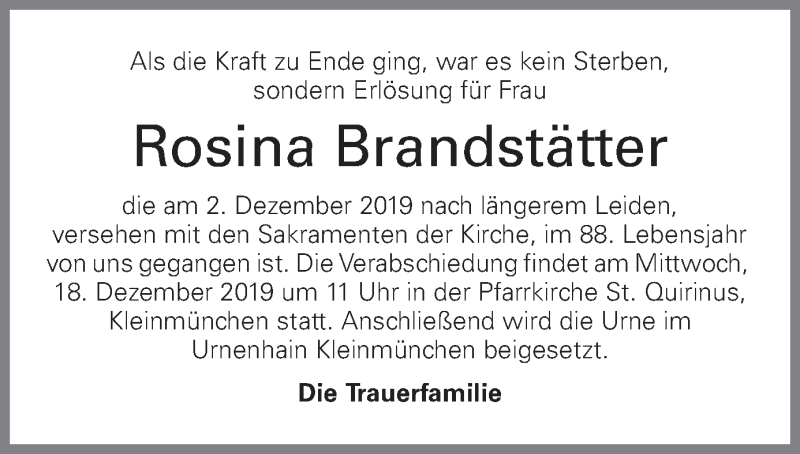  Traueranzeige für Rosina Brandstätter vom 10.12.2019 aus OÖNachrichten