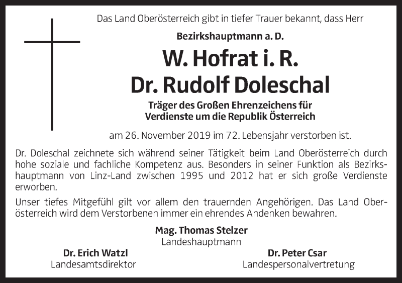  Traueranzeige für Rudolf Doleschal vom 02.12.2019 aus OÖNachrichten