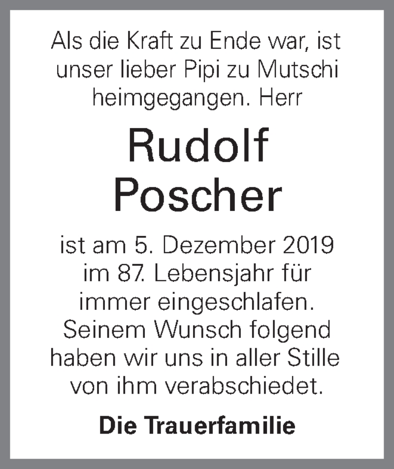  Traueranzeige für Rudolf Poscher vom 14.12.2019 aus OÖNachrichten
