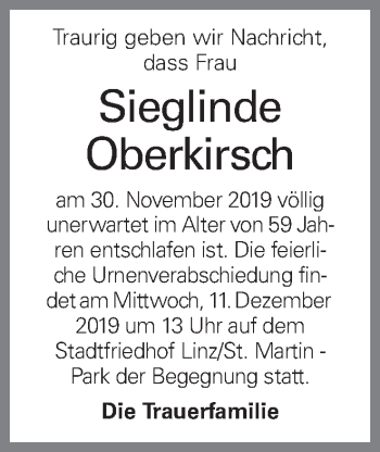 Traueranzeige von Sieglinde Oberkirsch von OÖNachrichten