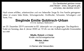 Traueranzeige von Sieglinde Emilie Goblirsch-Urban von OÖNachrichten
