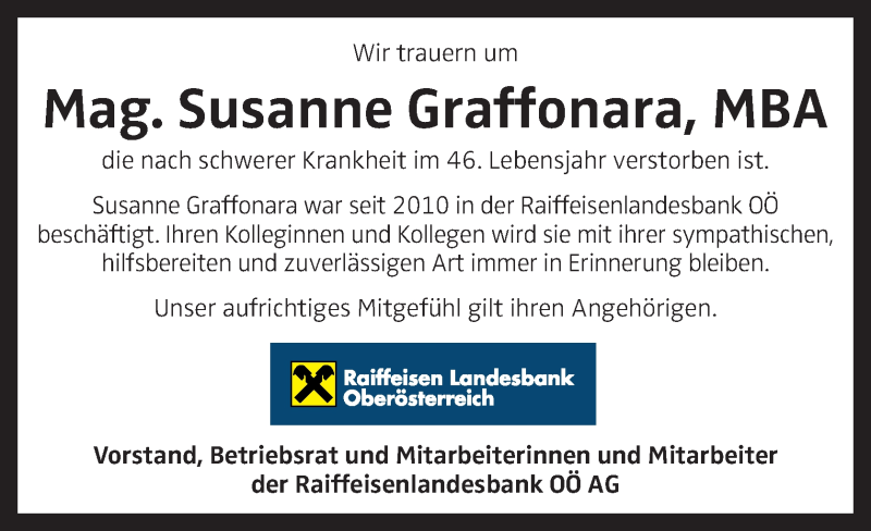  Traueranzeige für Susanne Graffonara vom 03.12.2019 aus OÖNachrichten
