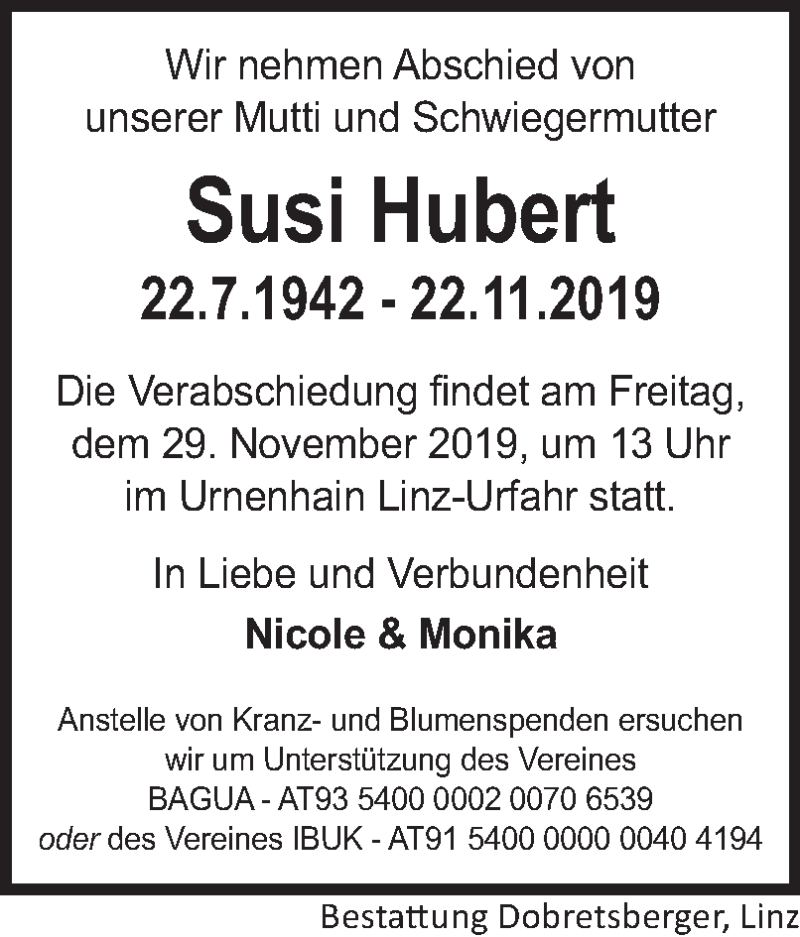  Traueranzeige für Susi Hubert vom 27.11.2019 aus OÖNachrichten