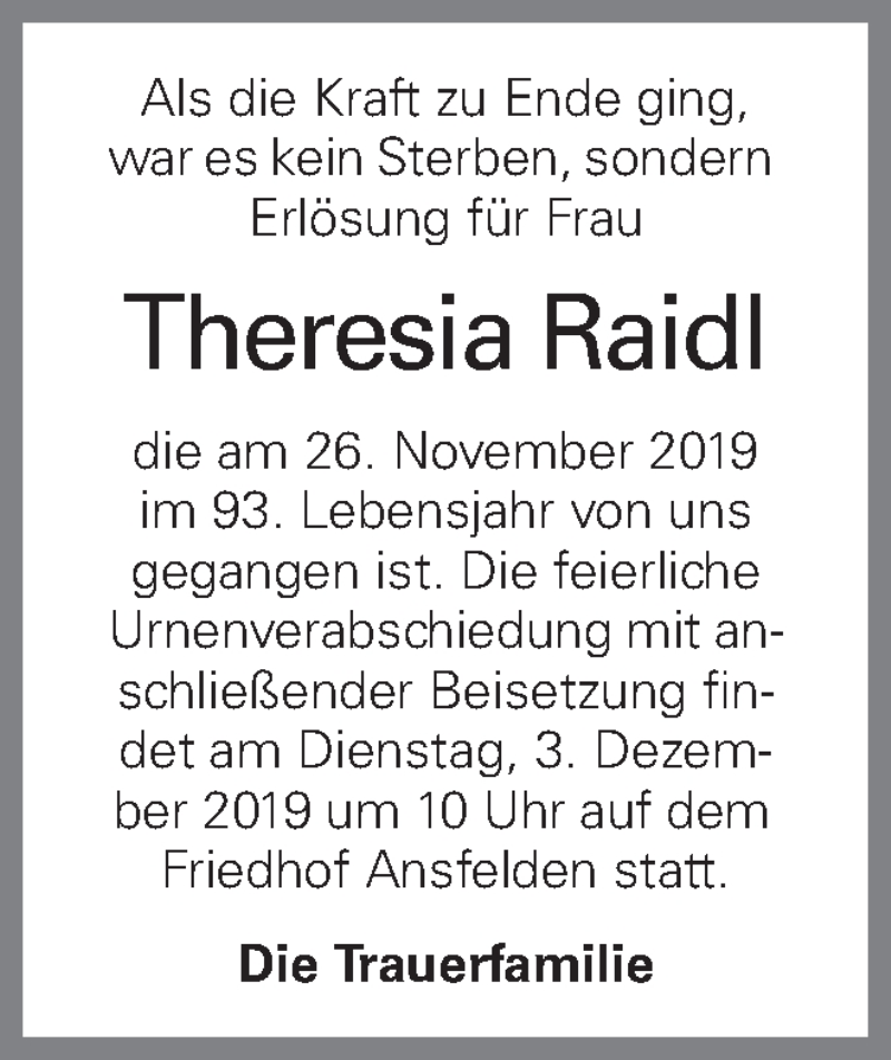  Traueranzeige für Theresia Raidl vom 28.11.2019 aus OÖNachrichten