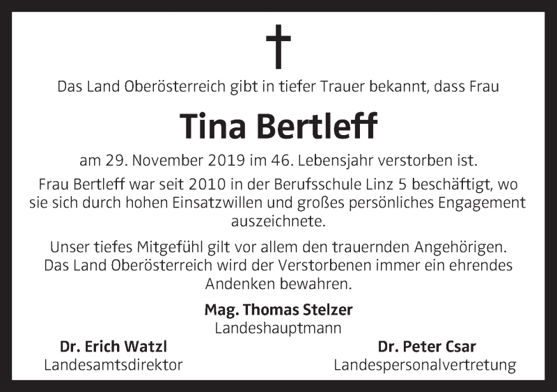  Traueranzeige für Tina Bertleff vom 05.12.2019 aus OÖNachrichten
