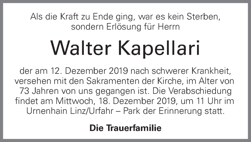  Traueranzeige für Walter Kapellari vom 17.12.2019 aus OÖNachrichten