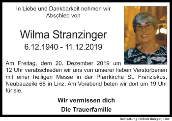 Traueranzeige von Wilma Stranzinger von OÖNachrichten
