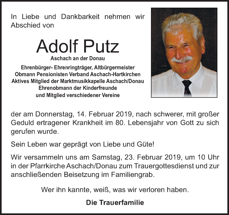  Traueranzeige für Adolf Putz vom 19.02.2019 aus OÖNachrichten