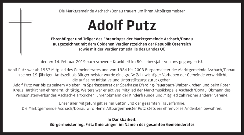  Traueranzeige für Adolf Putz vom 20.02.2019 aus OÖNachrichten
